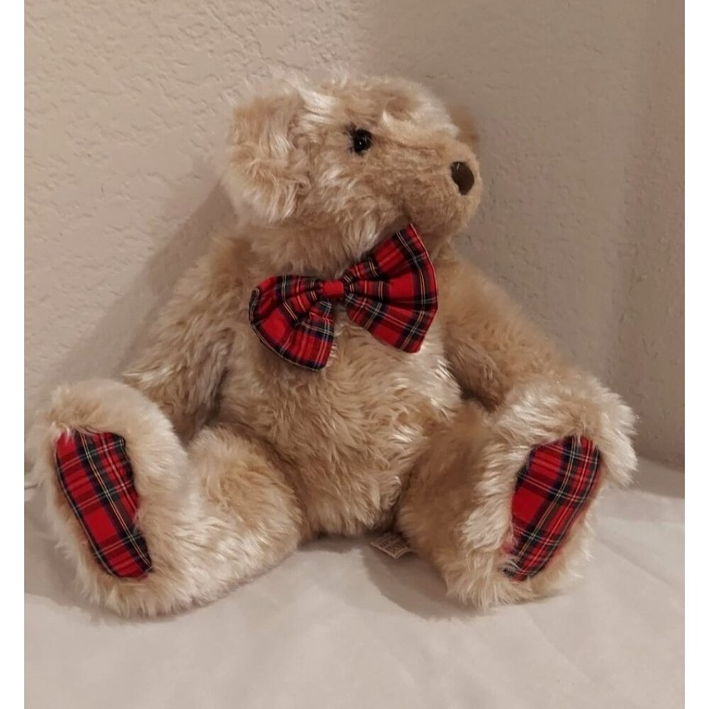 Teddy Bear Stuffed Animal Vintage Gina 1982 10" Tall PLUSH TOY w/ Plaid Bow Tie
